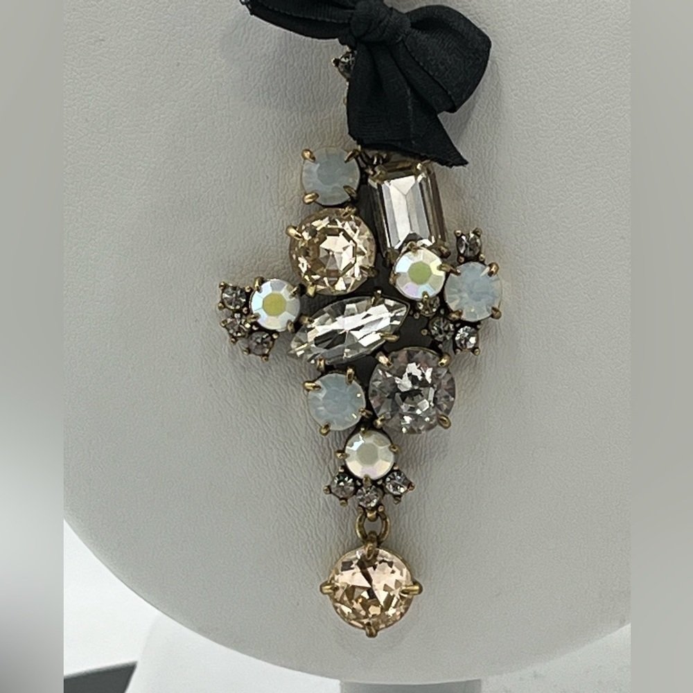 J. Crew Bronze Long White Clear Rhinestone Black Bow Pendant‎ Necklace